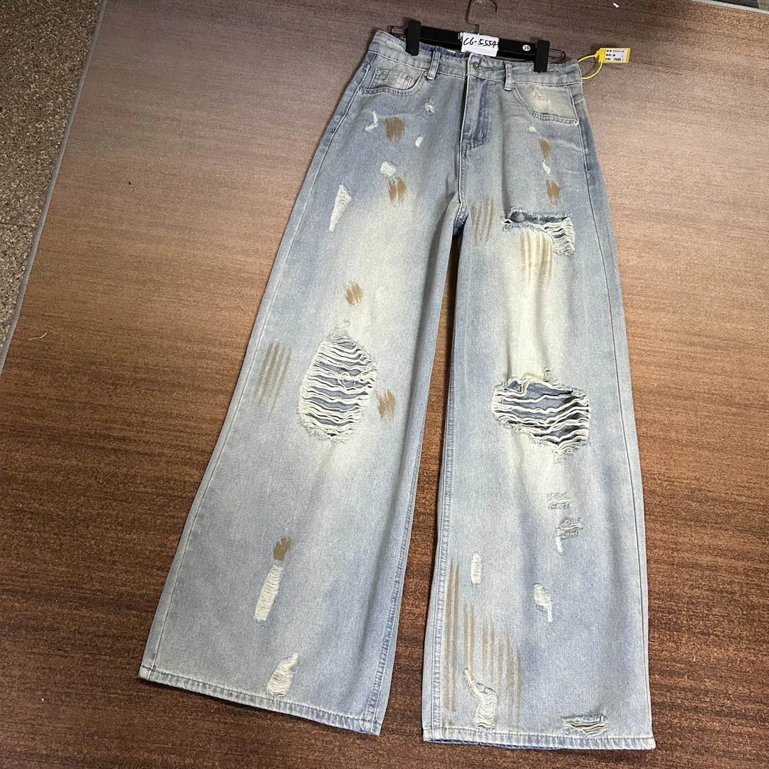 C6-5554 薄款 蓝色加长美式辣妹扎染前后破洞阔腿裤 无弹（不换退）