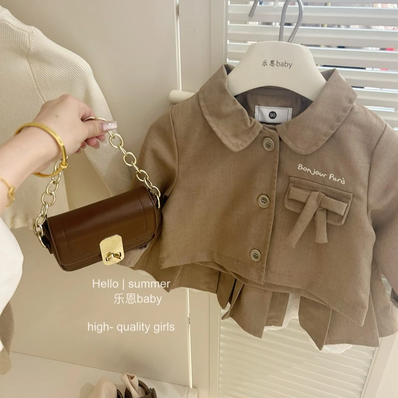 现货【乐恩童装】 女童秋冬卡其色学院风套装宝宝上衣半身裙两件套