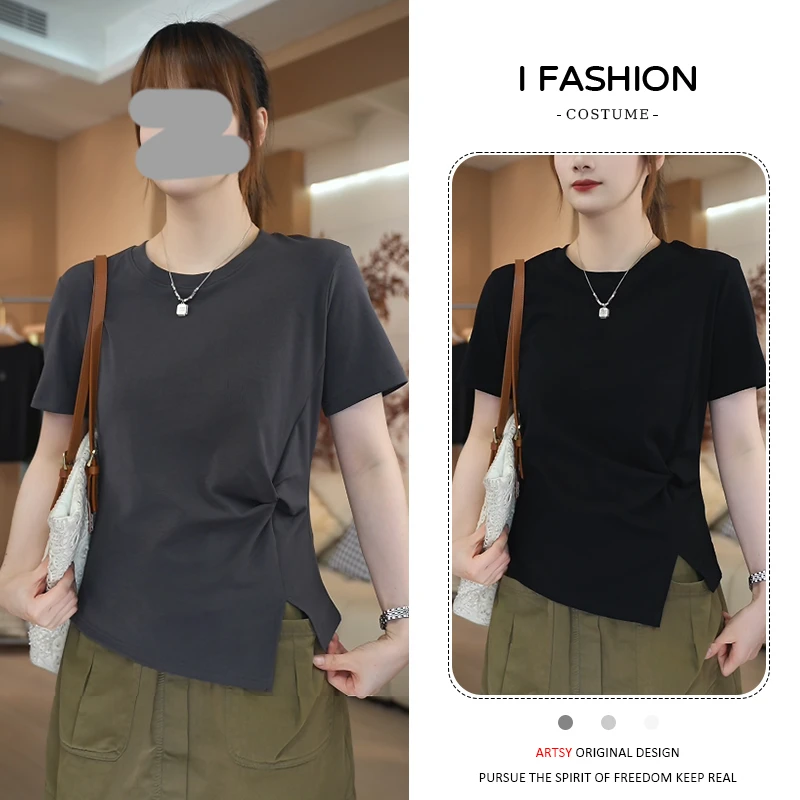 高级感纯色不规则短袖t恤女2026年夏季新款气质百搭显瘦圆领上衣