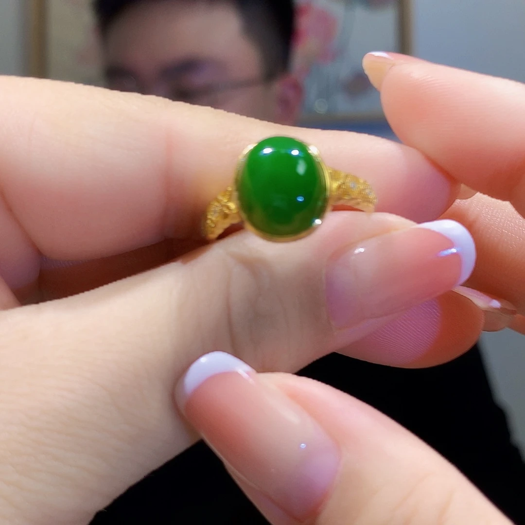 和田玉（碧玉）戒指银S925镀金镶嵌