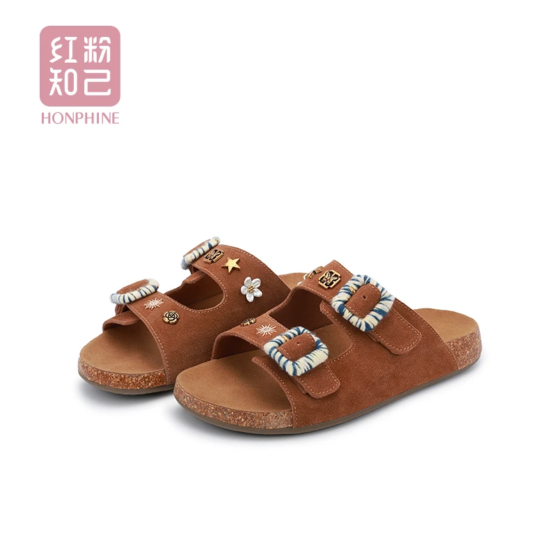 红粉知己真皮复古勃肯鞋女小众皮带扣2025夏季新款外穿沙滩凉拖鞋