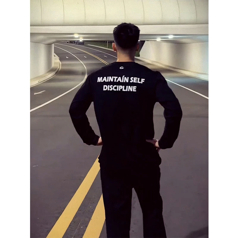 GTAL美式潮牌标语印花长袖T恤男秋季重磅运动打底衫圆领健身上衣