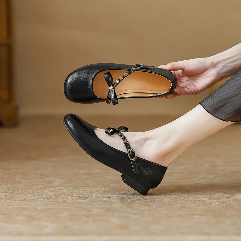2025春季新款平底搭扣玛丽珍女鞋蝴蝶结浅口单鞋圆头低跟粗跟复古