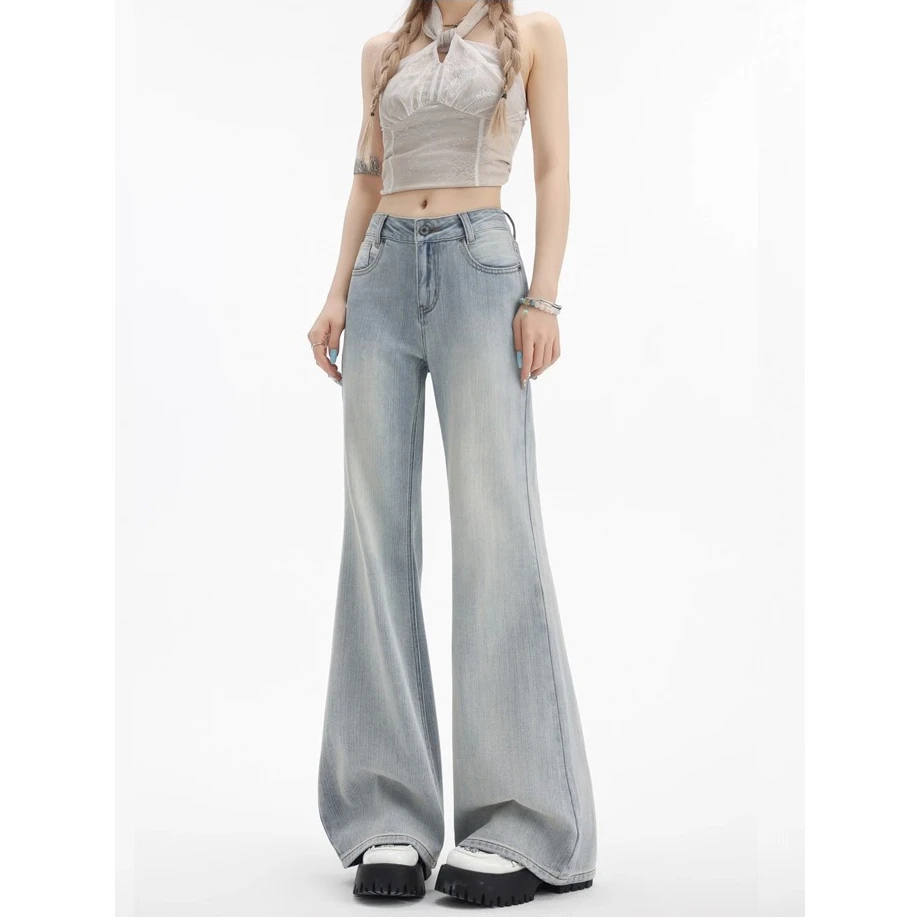 复古浅色淡薄荷色调清新牛仔裤女2025秋冬高个子显瘦不贴腿微喇裤