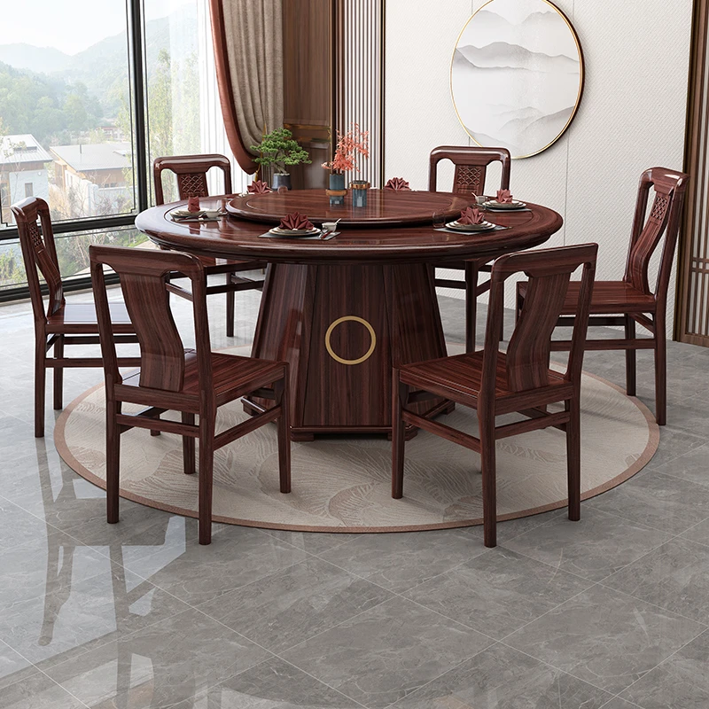 新中式乌金实木餐桌椅轻奢酒店客厅家用简约古典餐厅圆形可折叠