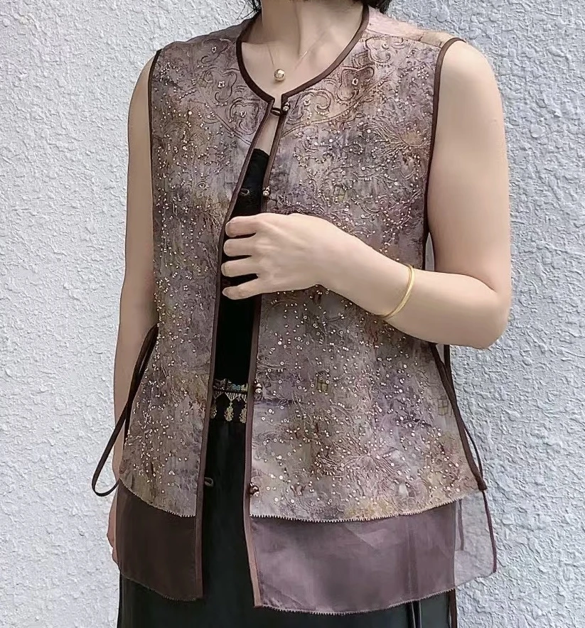 薄款上衣背心唐装网红无袖提花女士夏季马甲