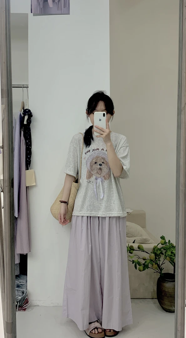【雪花棉t】蝴蝶结小狗短袖+紫色裤子～