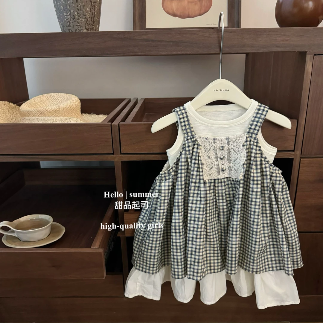 【甜品起司】女宝宝森系蕾丝宽松洋气时髦裙子高端拼色格子背心裙潮