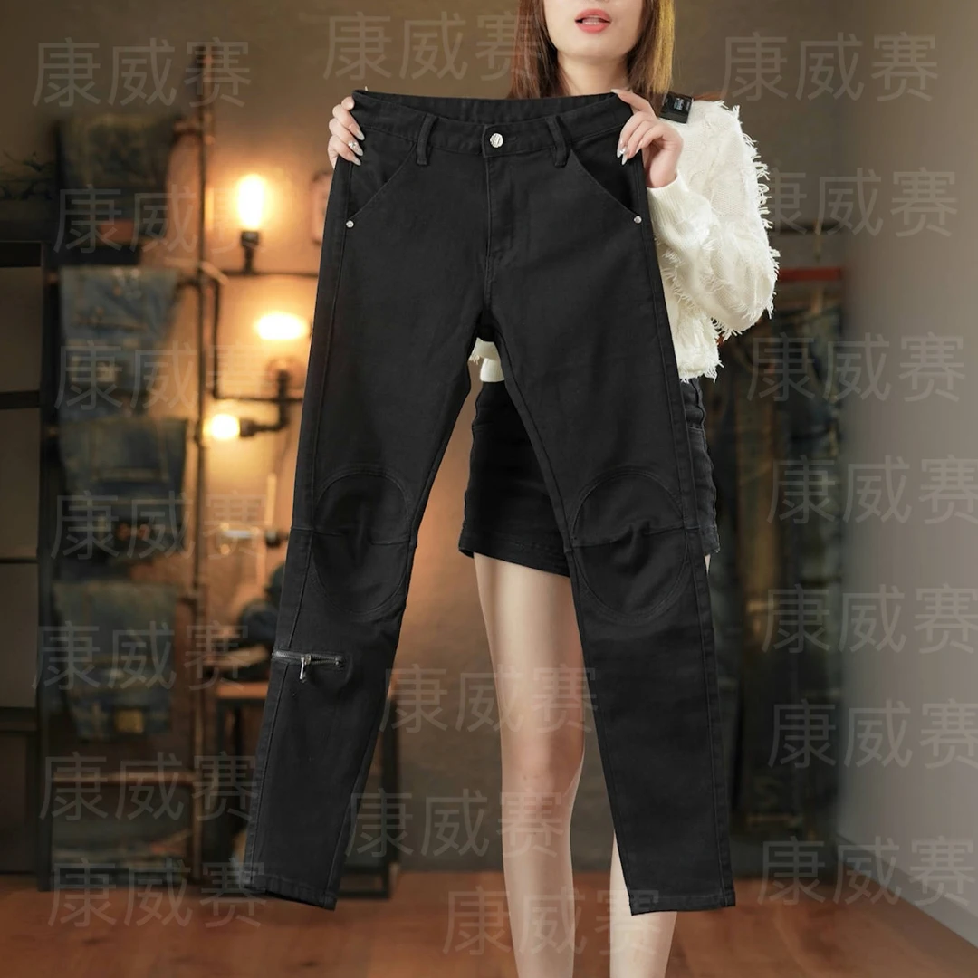 轻奢原创高端男士机车风拼接黑色男士牛仔裤修身弹力潮牌欧美百搭