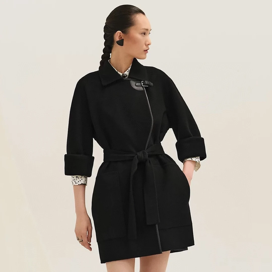 whoskongxx｜触手可及山羊绒皮扣双面尼手工拼接外套（干洗