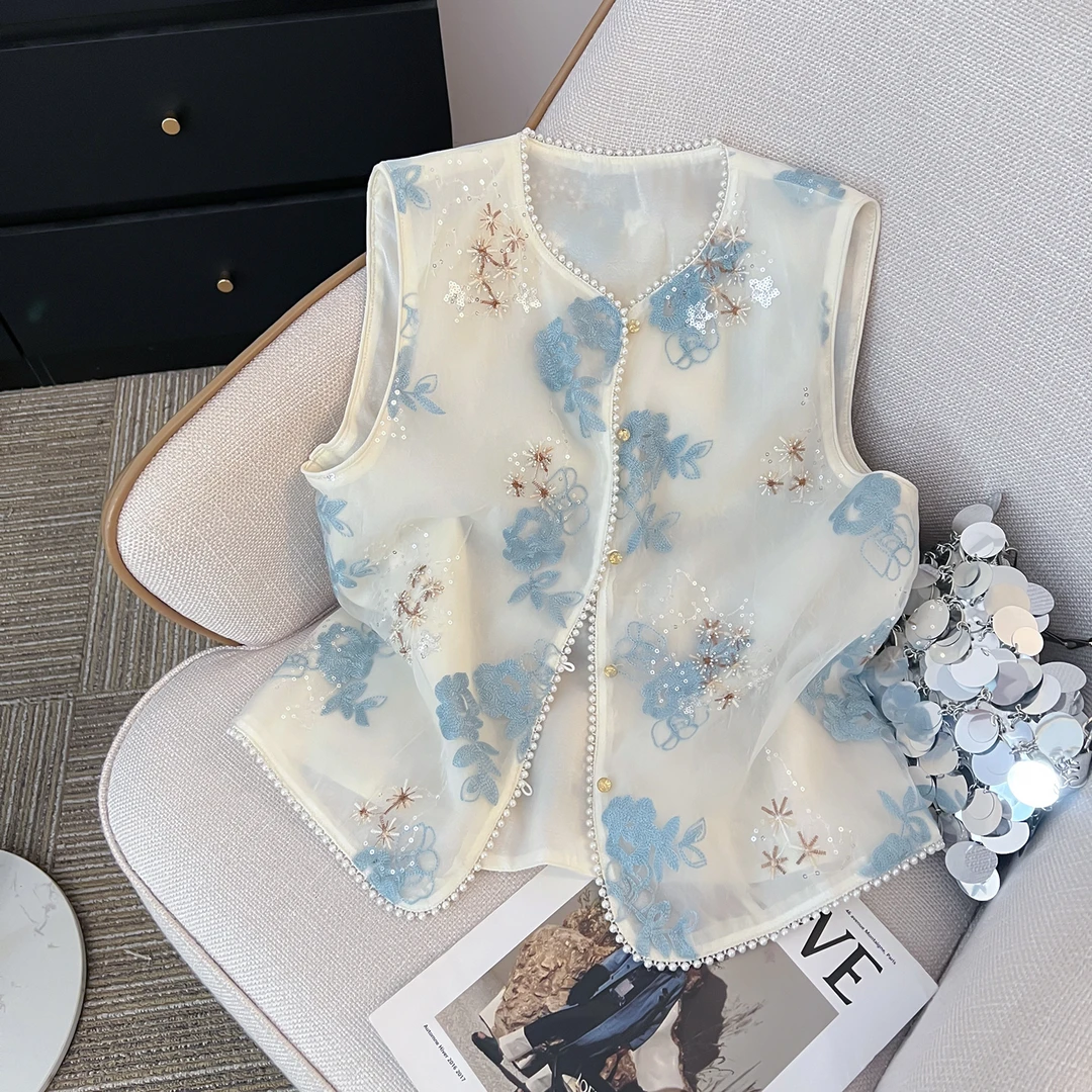 新中式国风无袖衬衫马甲重工刺绣薄纱背心夏季高级感小衫上衣女装