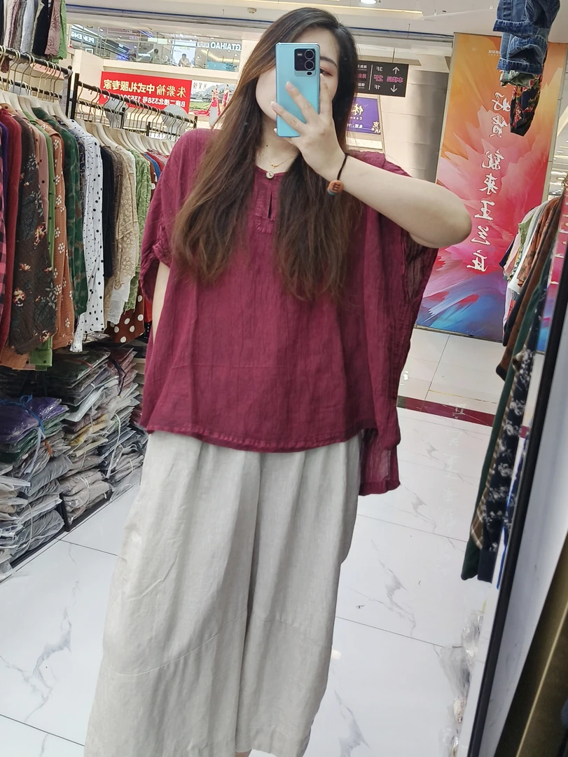 纯汉麻宽松大版复古炒色压皱禅意风短袖夏季休闲水滴扣轻奢风纯色