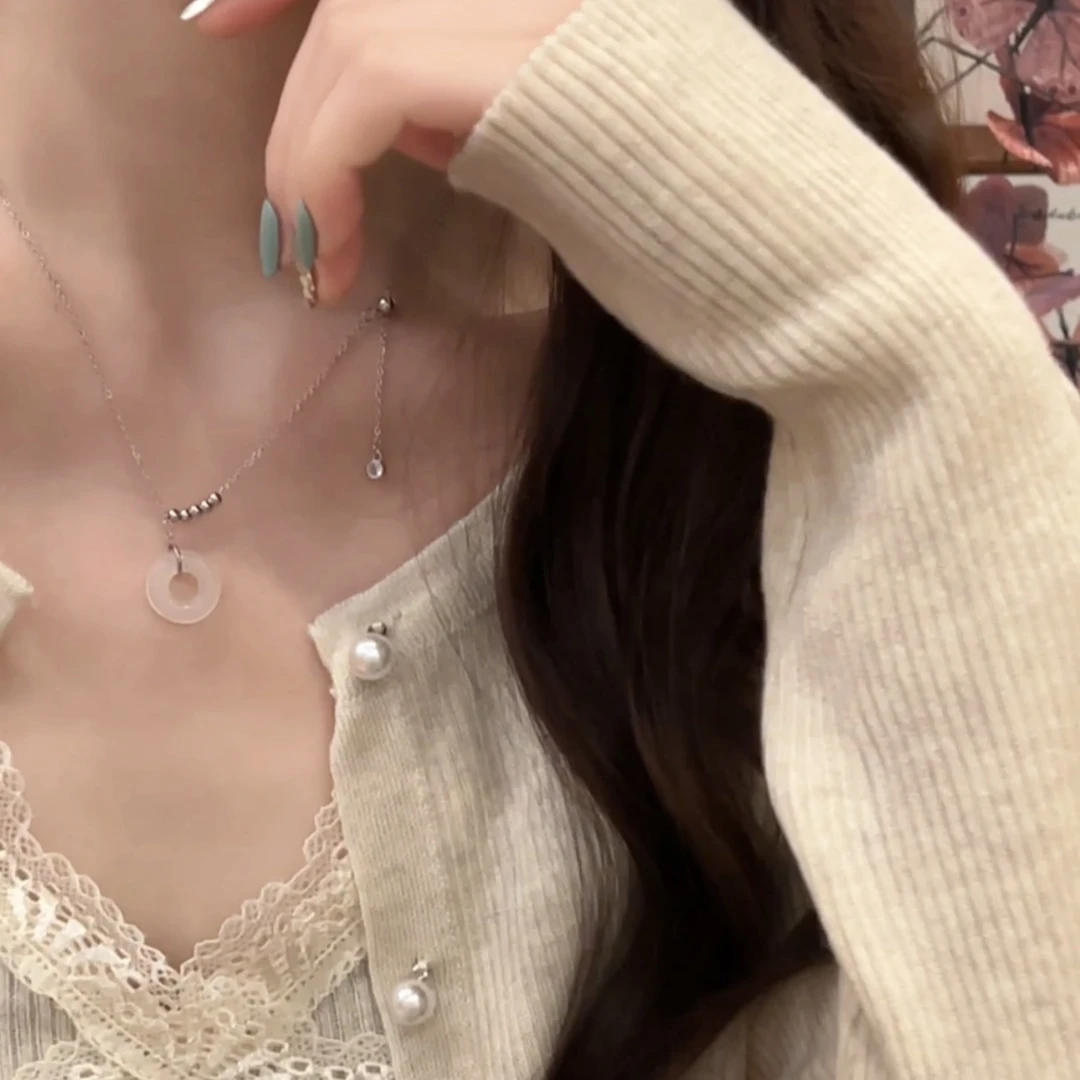 钛钢树脂项链 清冷感平安扣抽拉项链配饰女新中式国风锁骨链