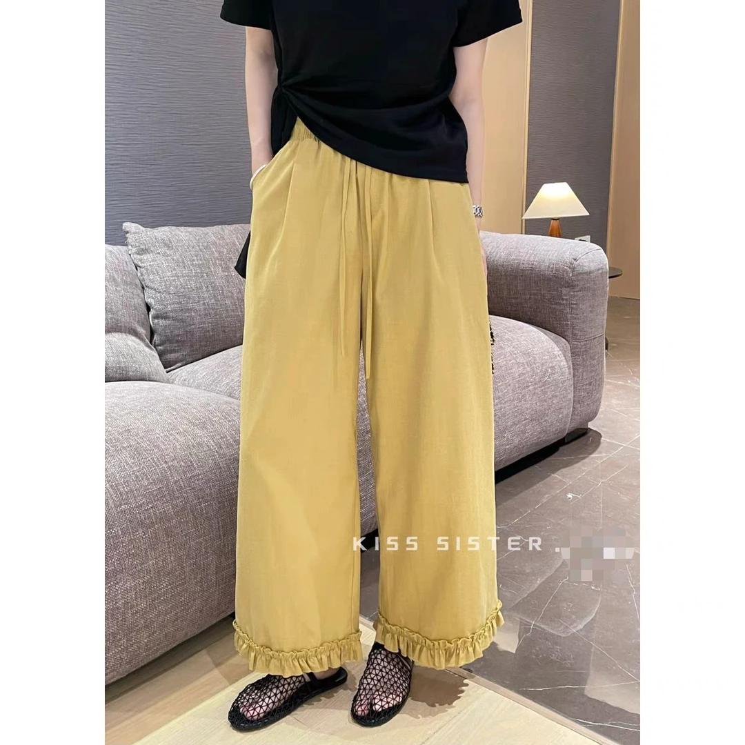 【小U梨】2025年夏季新款韩版设计感松紧高腰木耳显瘦百搭纯色休闲