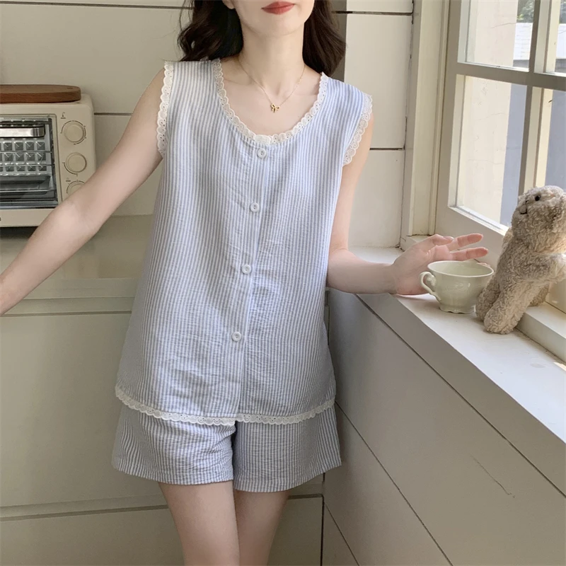 简约风条纹睡衣女款新款夏季薄款蕾丝吊带云朵棉可爱少女家居服