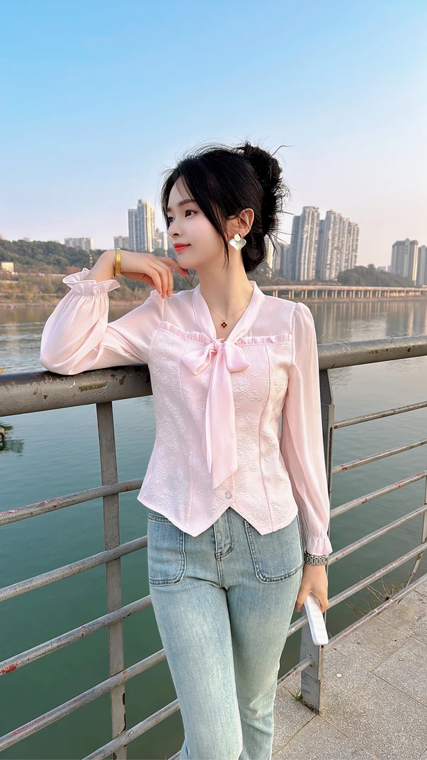 小香风气质名媛蝴蝶结系带雪纺提花拼接衬衣2025春季新款长袖上衣