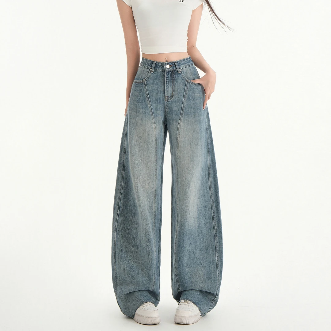 高腰阔腿小众设计感镰刀裤做旧复古宽松垂感牛仔裤女2025春季新款