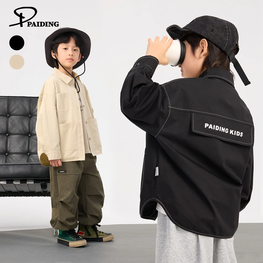 派町春秋装儿童韩版中大童撞色字母装饰两色翻领衬衫PY51796-WPP