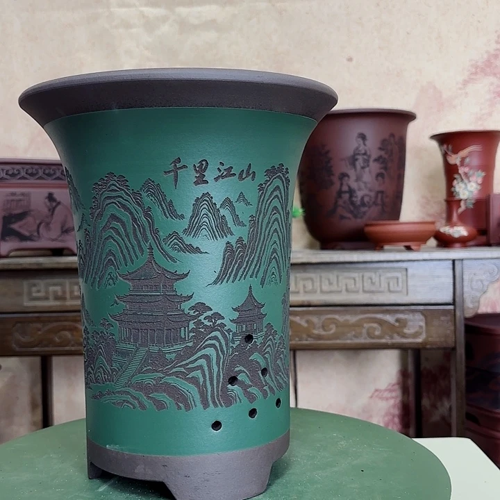 紫砂花盆超大号刻绘山水