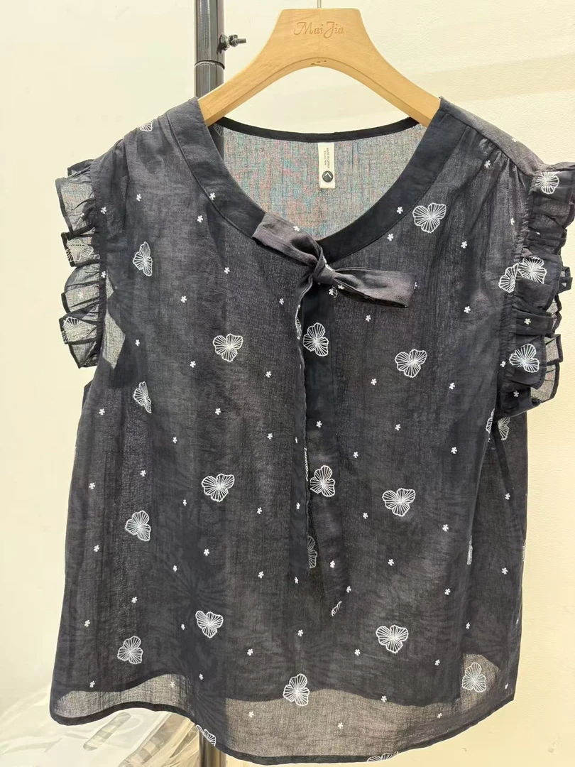 【女人家】819夏季新款复古提花无袖气质感上衣圆领系蝴蝶结小衫