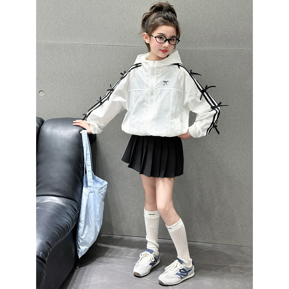 女童夏装轻薄防晒衣外套2025新款女大童时髦蝴蝶结拉条连帽上衣潮
