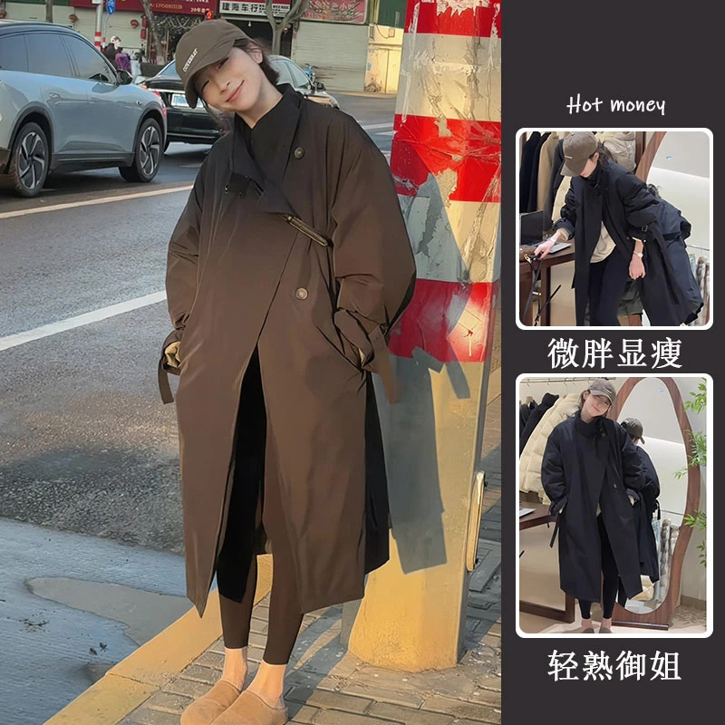 韩版长款收腰显瘦纯色设计感风衣外套2025冬季新款气质休闲大衣女