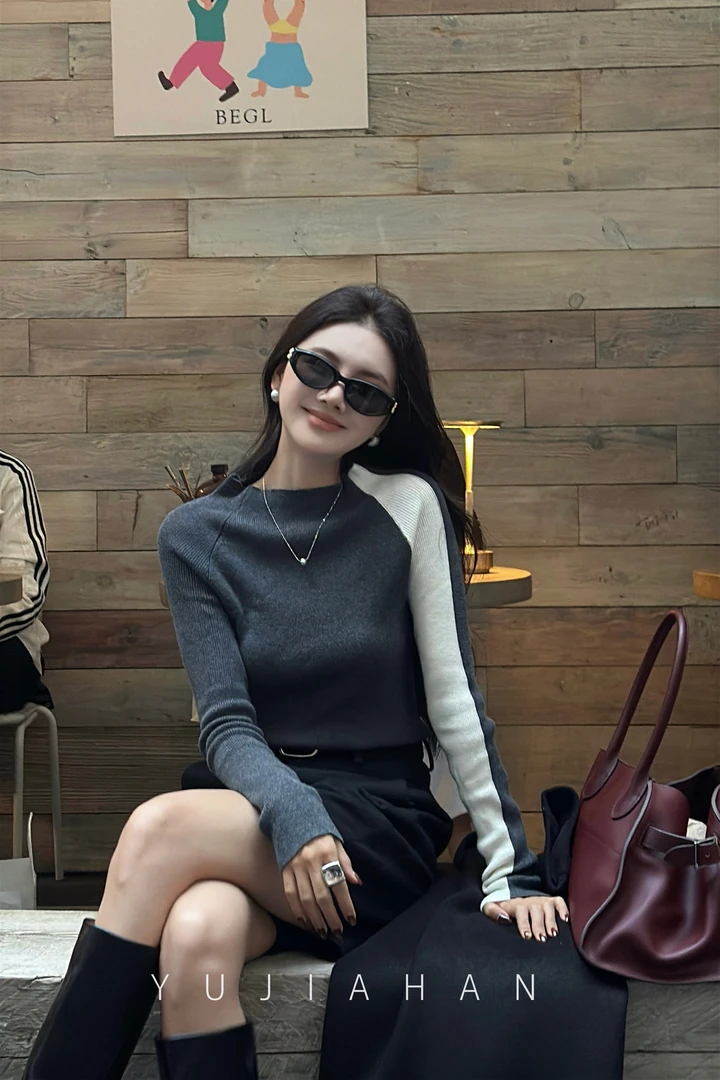 YUJIAHAN「拼色独白」半高领羊毛衫女拼色毛衣针织打底衫