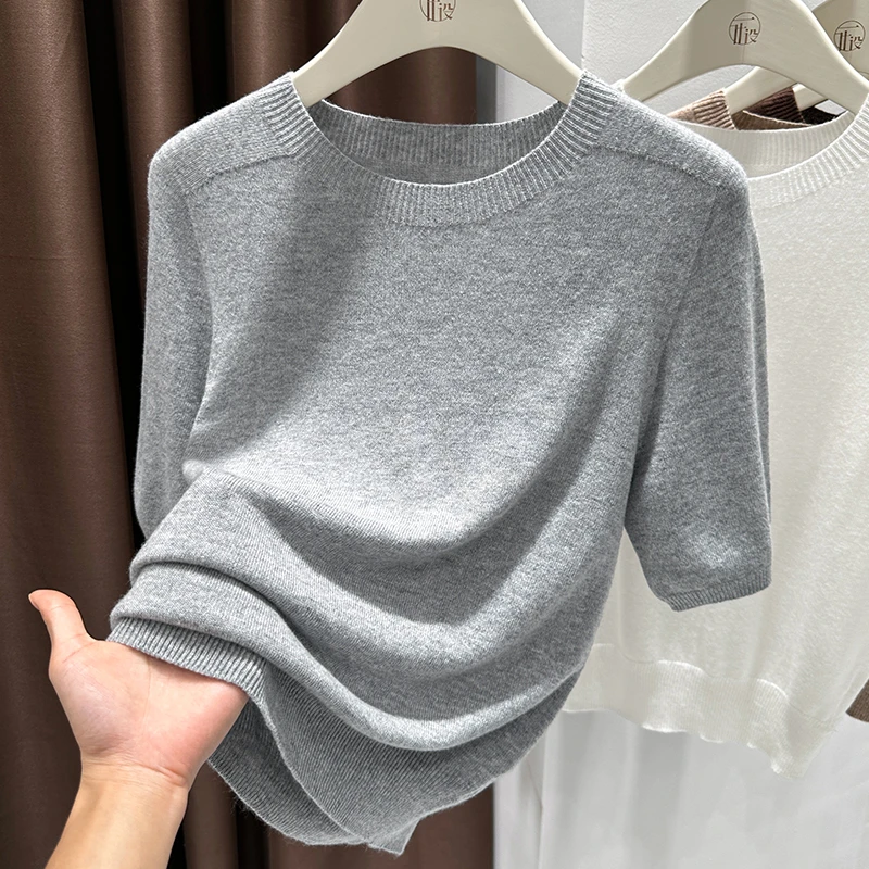 无缝灰色圆领t恤女短袖针织垂感薄款透气气质显瘦面膜上衣基础款