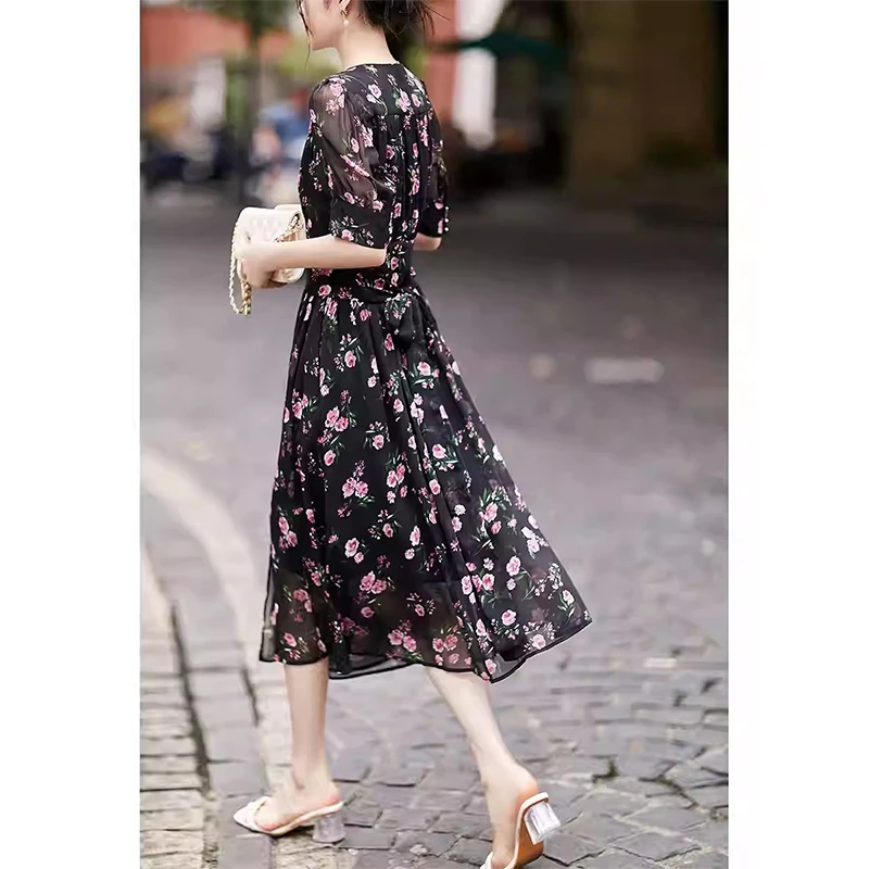 【丽公主】62677南法玫瑰夏季女V领泡泡袖显瘦玫瑰花连衣裙