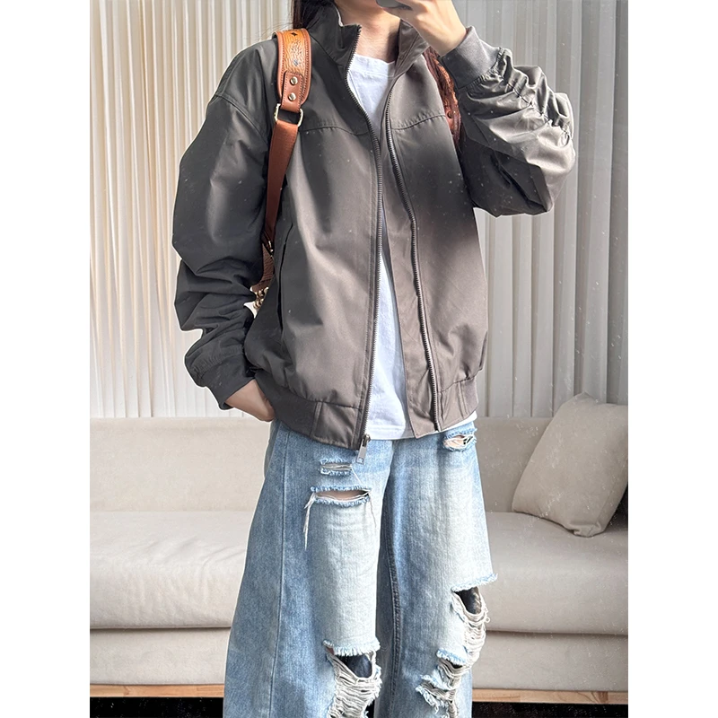 狼灰色美式飞行员夹克外套男款秋季新款百搭工装立领教练棒球服