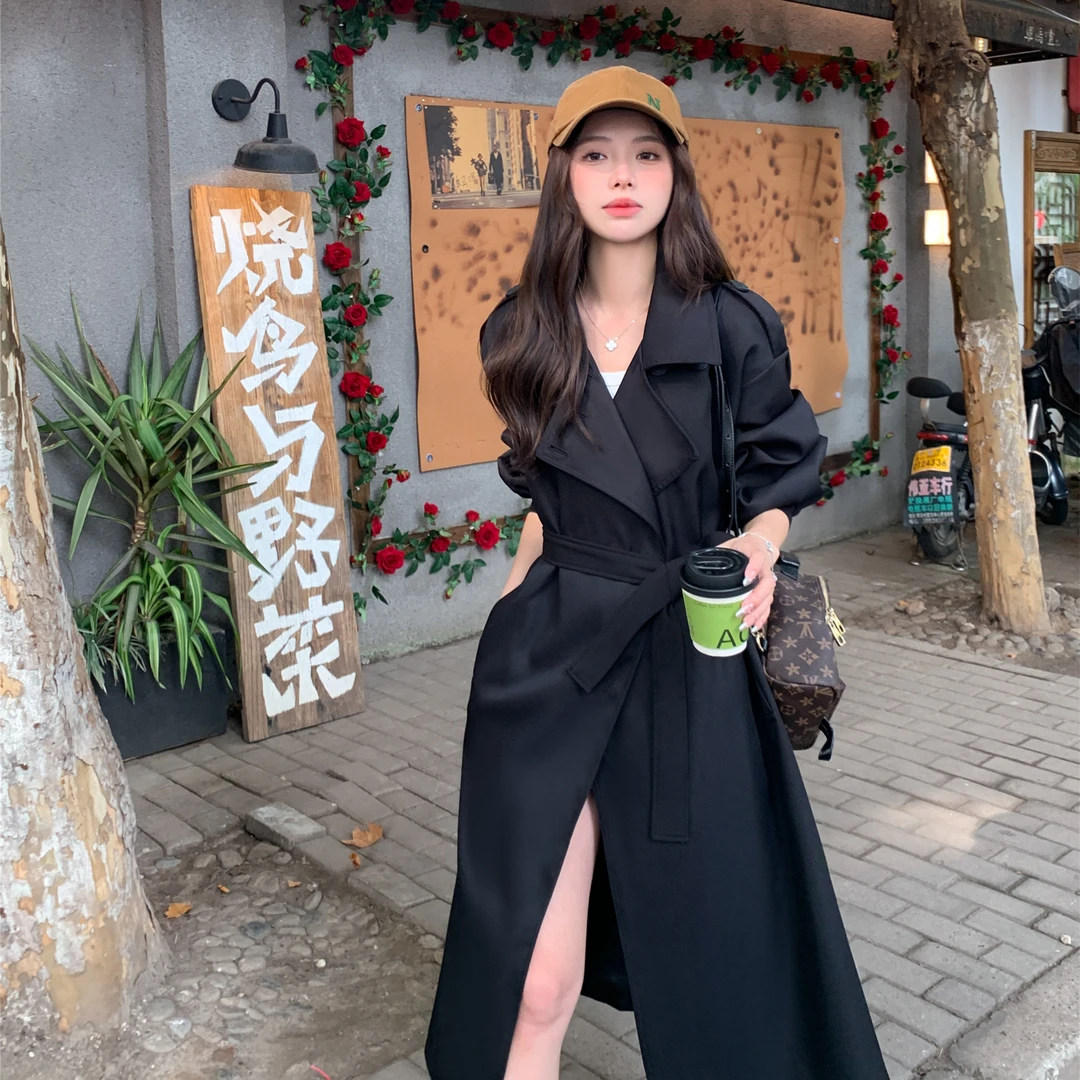 春秋中长款薄款法式女款黑色风衣大衣法式过膝赫本风