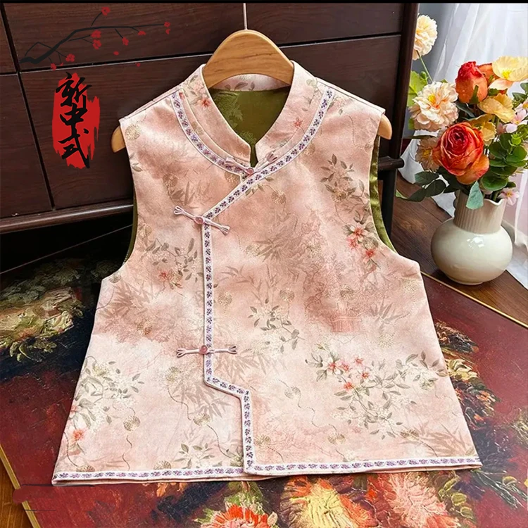 2025早春新款重磅新中式中国风鹿皮绒马甲复古盘扣国风印花马夹女