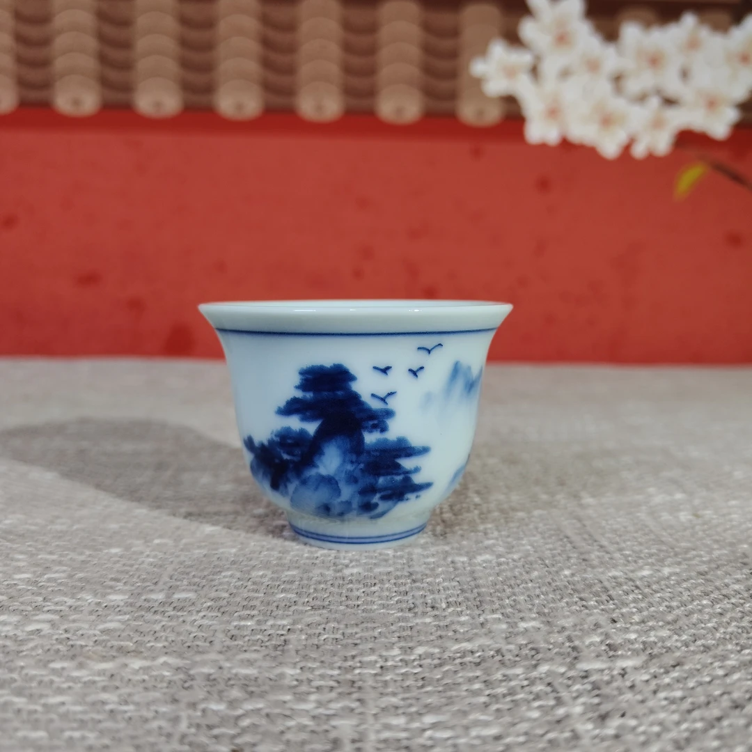 玩玉款【单个装】青花手绘山水茶杯高白泥家用功夫茶杯品茗杯茶具