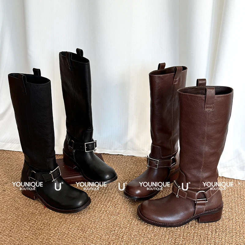 【unfolio】新品25秋冬经典金属搭扣及膝靴粗跟长靴圆头靴子