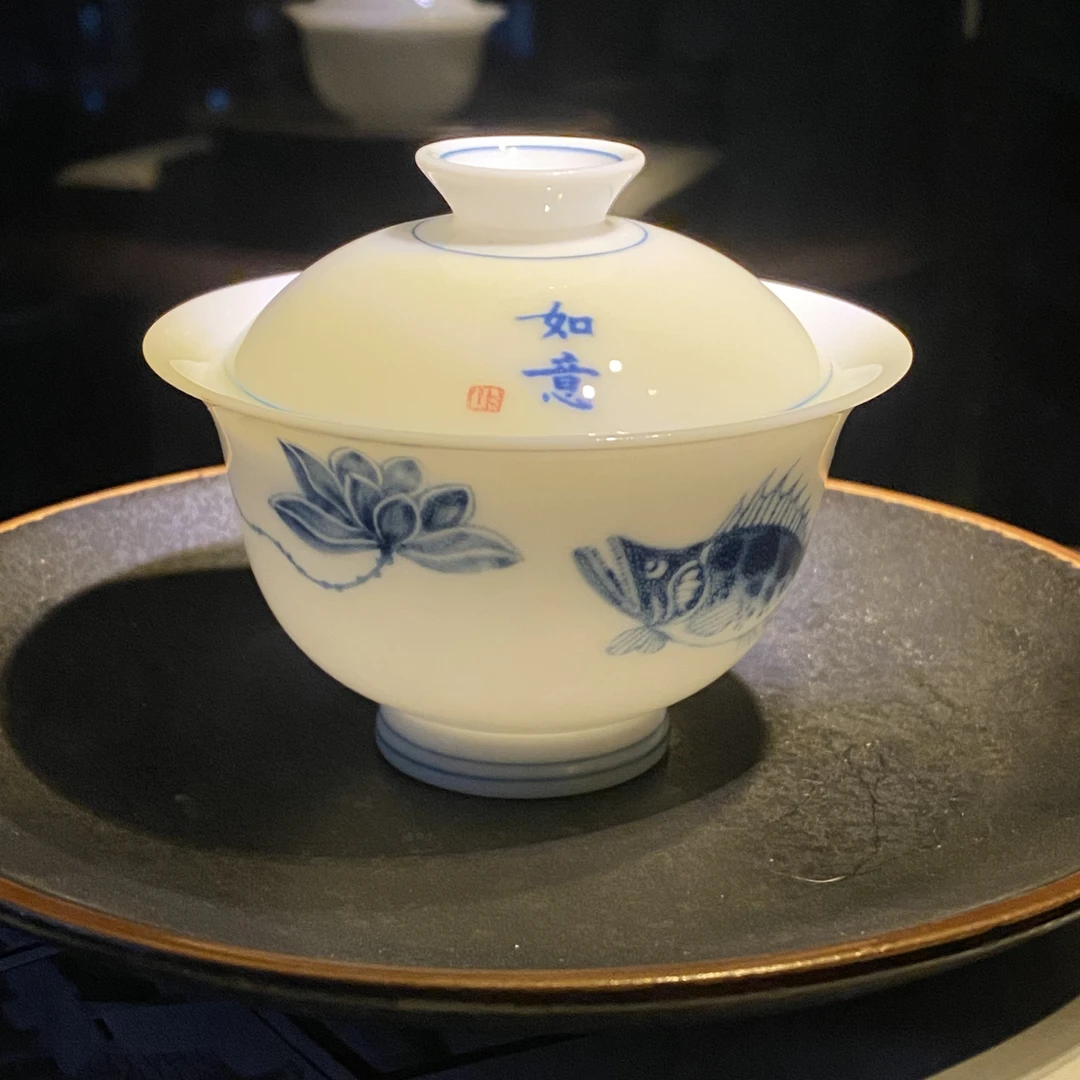 【如意】羊脂玉鲫鱼白瓷二才盖碗盖下60cc满水80cc釉下彩盖碗茶具