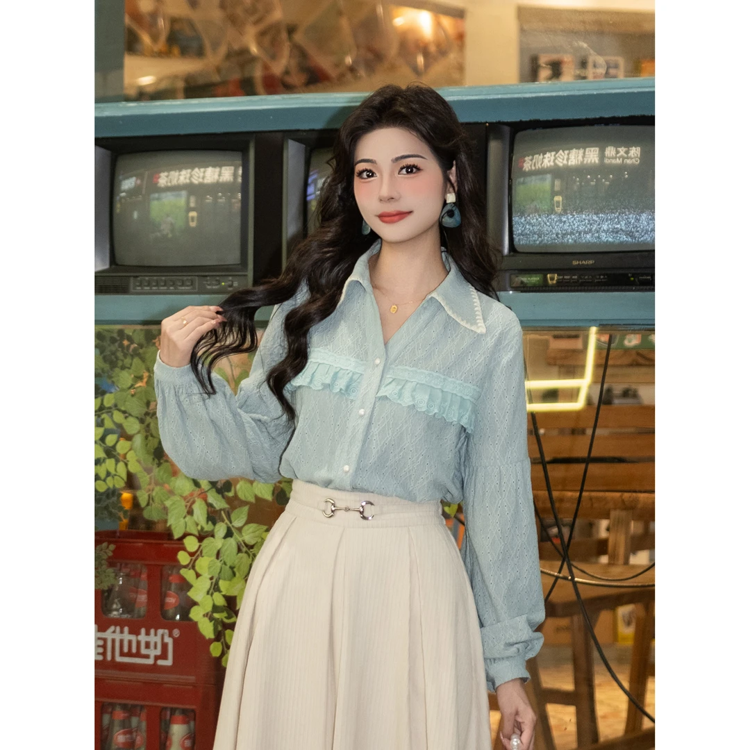 LIJIUJIU【湖雾蓝桉】气质长袖百搭复古显瘦针织肌理衬衫YX2509163