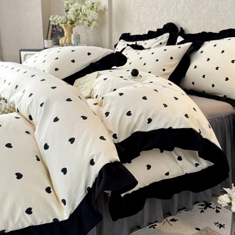 韩版花边小清新床裙款四件套赫本风印花被套四件套床上用品三件套