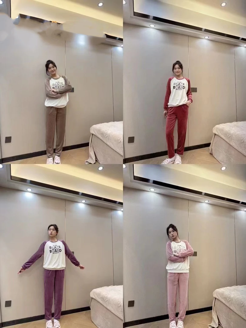 【亏本清仓】秋冬SKATE睡衣女款法兰绒撞色英文新款家居服休闲套装