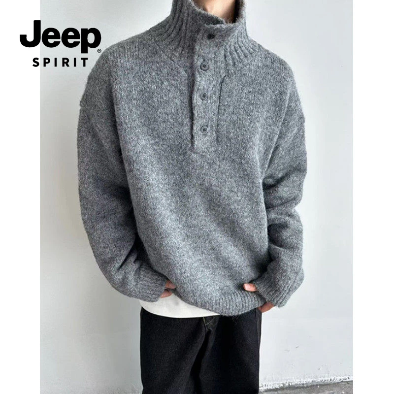 JEEP吉普卡其色潮牌高领毛衣男款秋冬翻领老钱风针织衫美式外套
