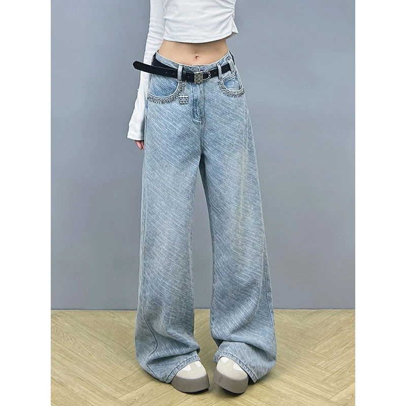 重工设计浅色提花牛仔裤女2025春季新款高腰显瘦直筒钻口袋阔腿裤