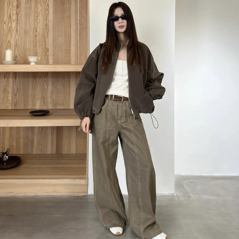 复古高腰阔腿弯刀牛仔裤女2025冬季新款加厚植绒宽松直筒拖地裤子