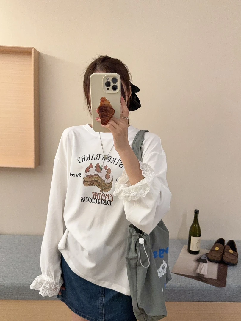 程程甄选  韩系东大门草莓蛋糕蕾丝花边袖T恤1091