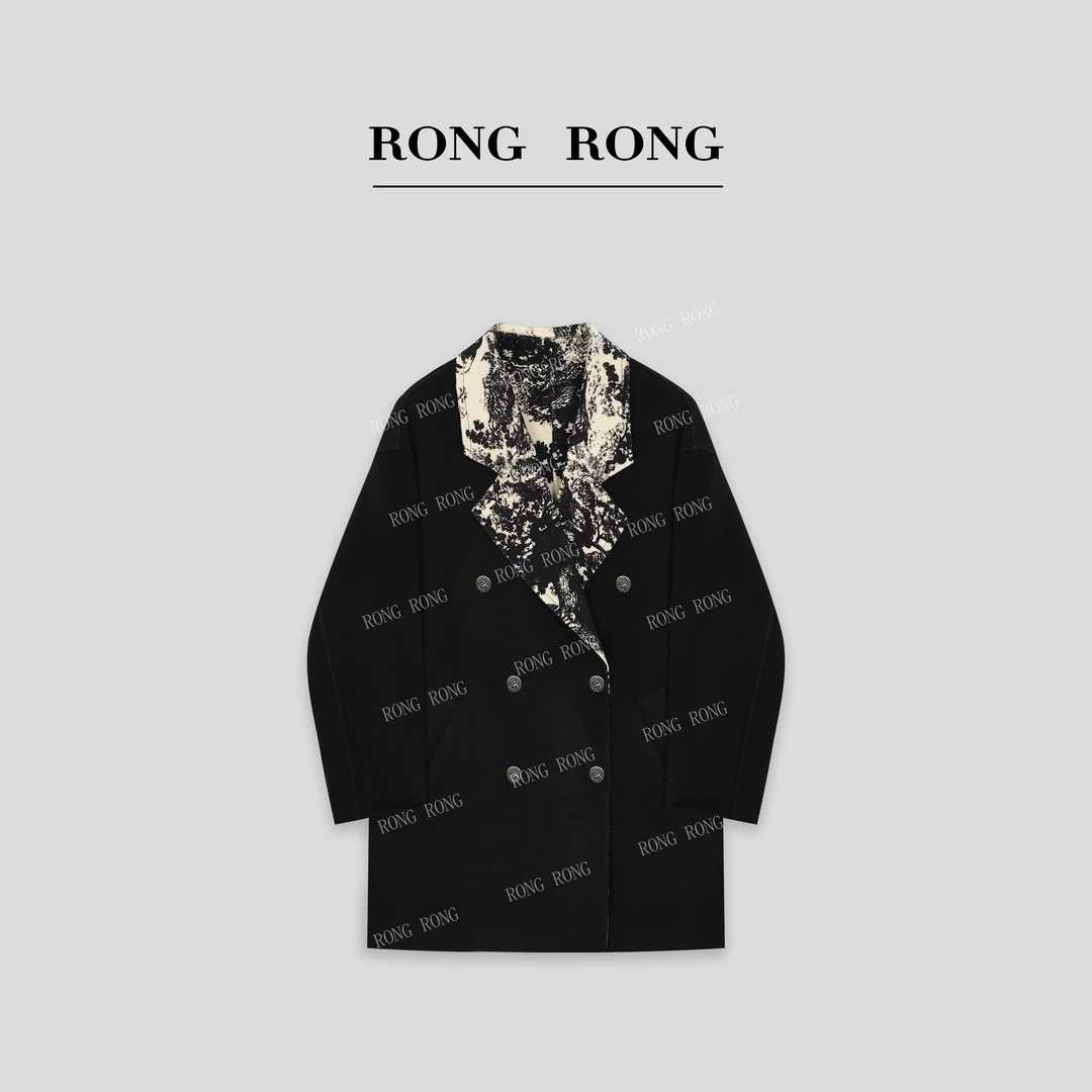 溶溶J【艺术风范】RONGRONG 绵羊毛混纺双面异色印花大衣L-C8969116