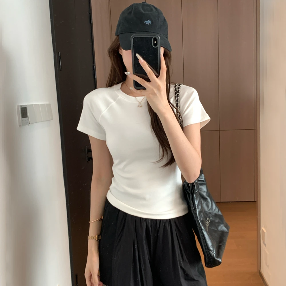 夏季新款白色圆领插肩袖短袖T恤女韩版百搭修身内搭短款棉质上衣