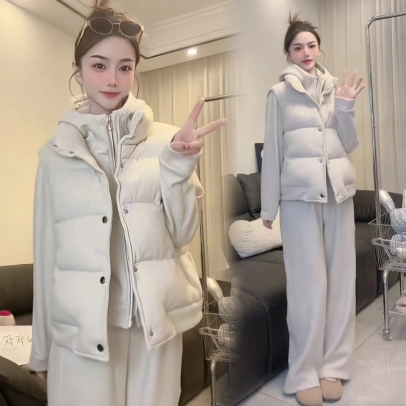 高级感流行运动风套装冬季加绒连帽外套马甲加绒直筒裤子三件套潮