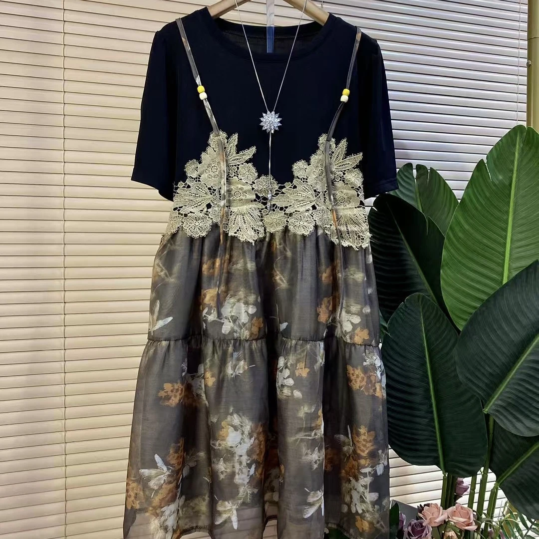 P胖mm欧货时尚新款复古碎花拼接洋气连衣裙