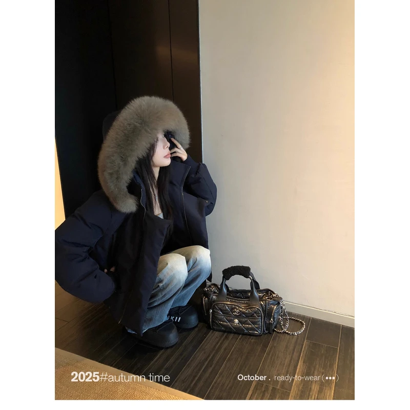 藏青色大毛领羽绒服女冬季2025新款宽松显瘦白鸭绒小个子连帽外套