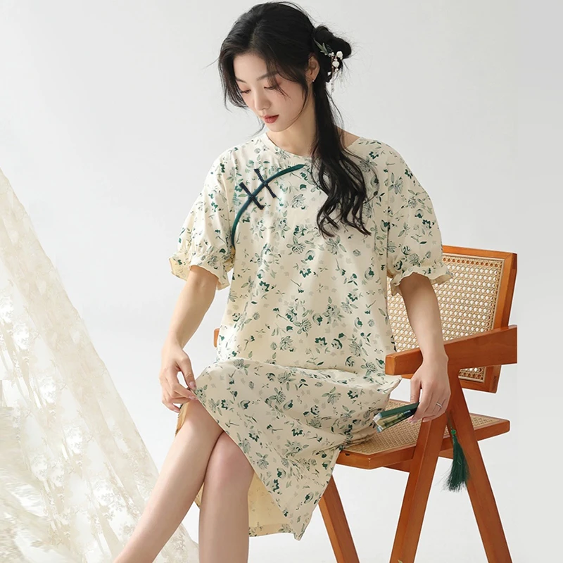 中国风短袖睡裙女夏季复古2025新款碎花时尚连衣裙盘扣新中式睡衣