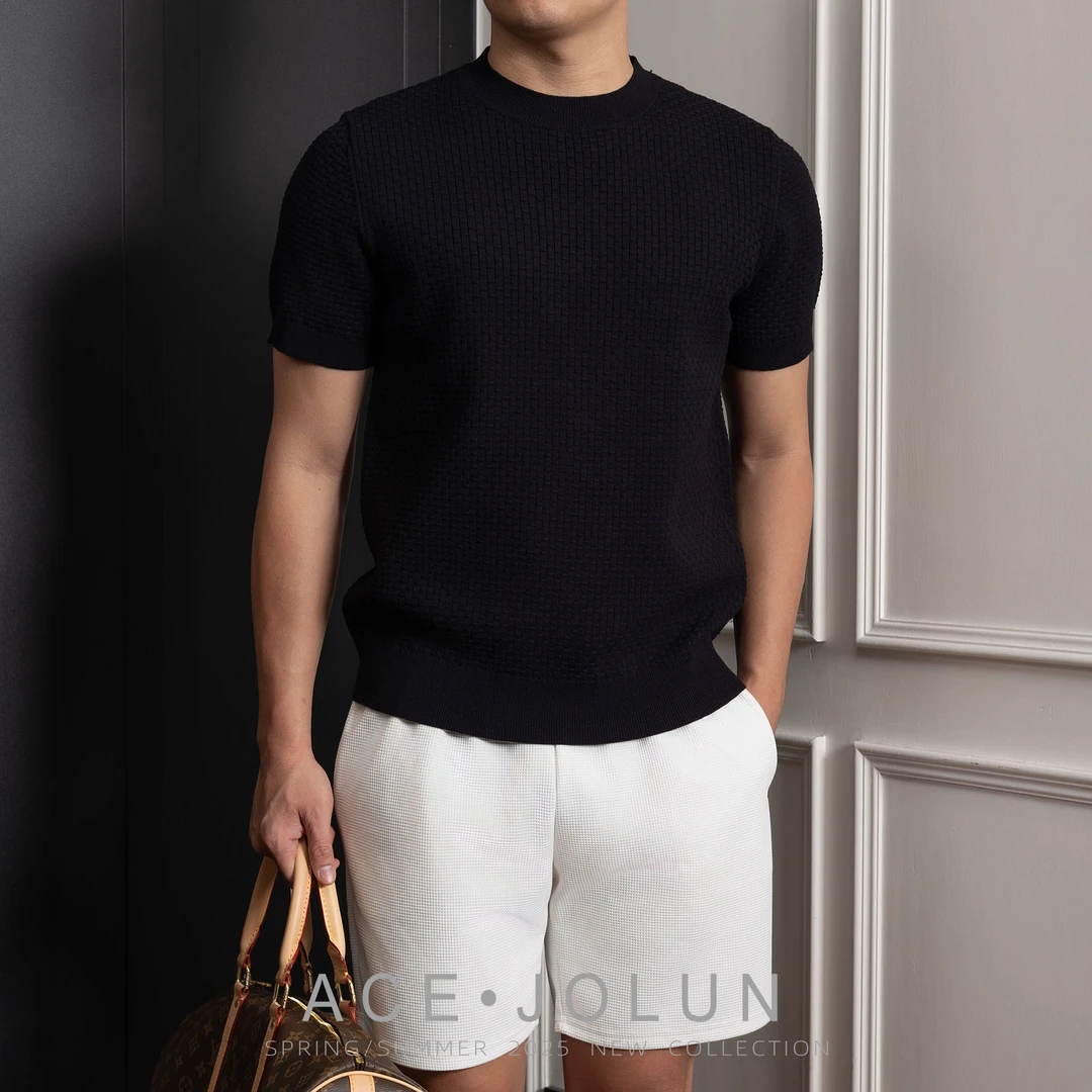 【长格纹】高端可机洗针织衫短袖男士夏季轻奢老钱风圆领内搭上衣