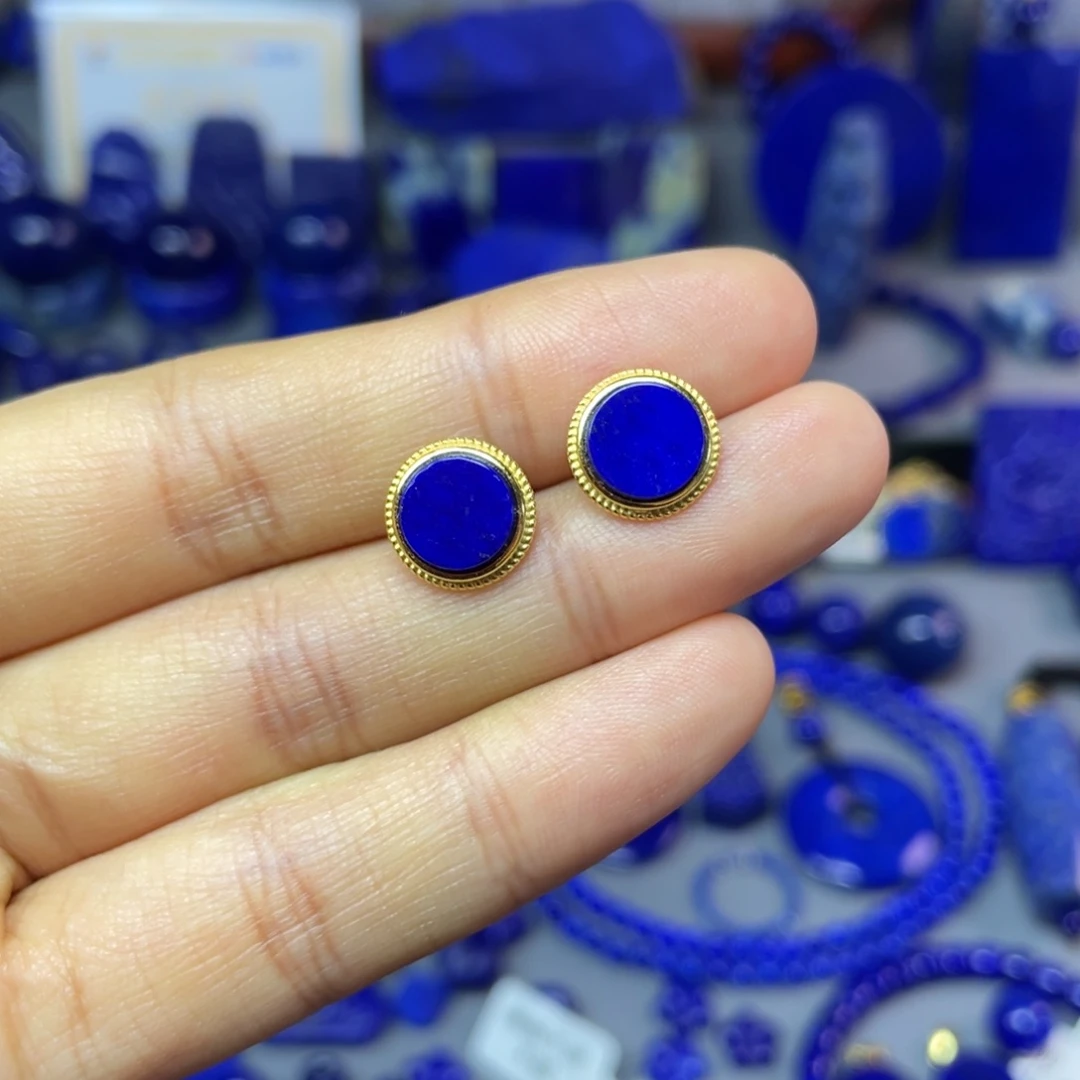 青金石银S925镀金镶嵌10mm耳饰